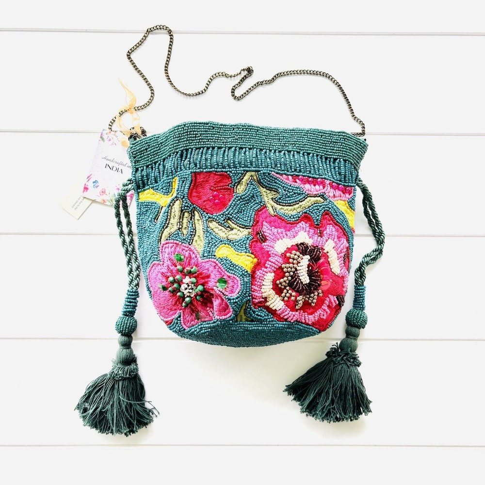 TikTok Viral India Beaded Bucket Bag Floral Embroidered Tassels Teal Crossbody - Picture 2 of 11